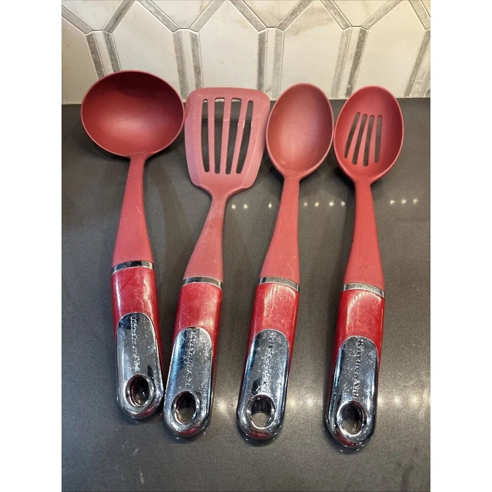 Lot 4 KitchenAid Kitchen Utensils Empire Red Spatula Ladle Reg & Slotted Spoon